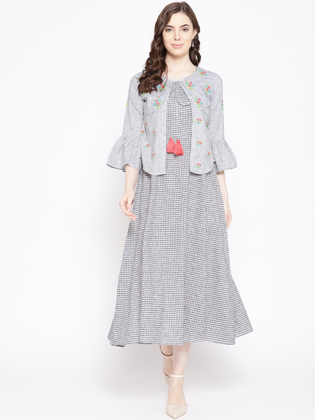 

Be Indi Women Navy Blue & Off-White A-Line Dress With Jacket