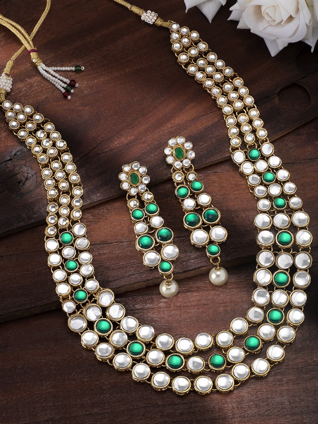 

Peora Gold-Plated & Green Kundan and Pearl- Studded Jewellery Set