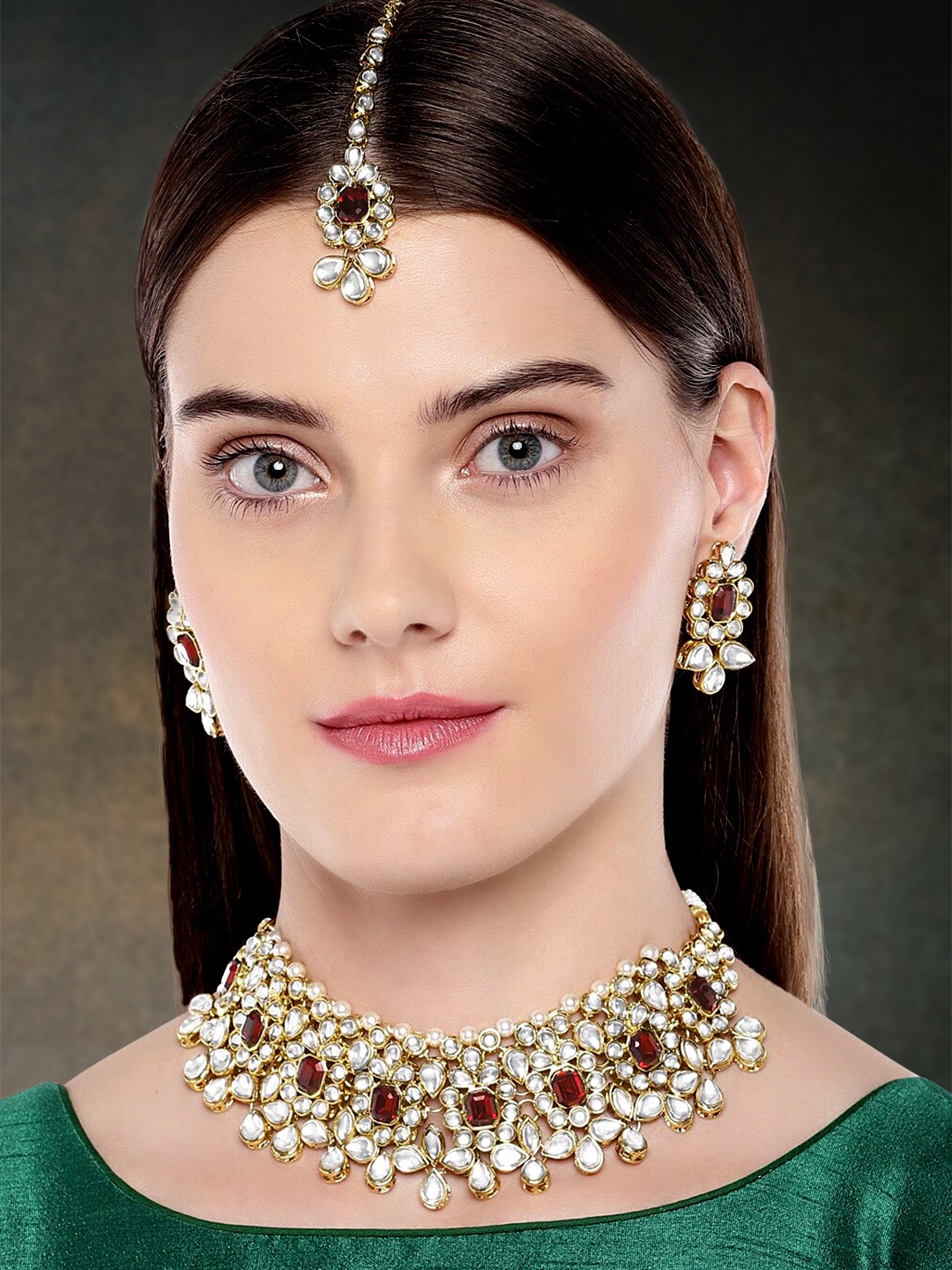 

Peora 18k Gold-Plated & Maroon Kundan and Pearl- Studded Jewellery Set