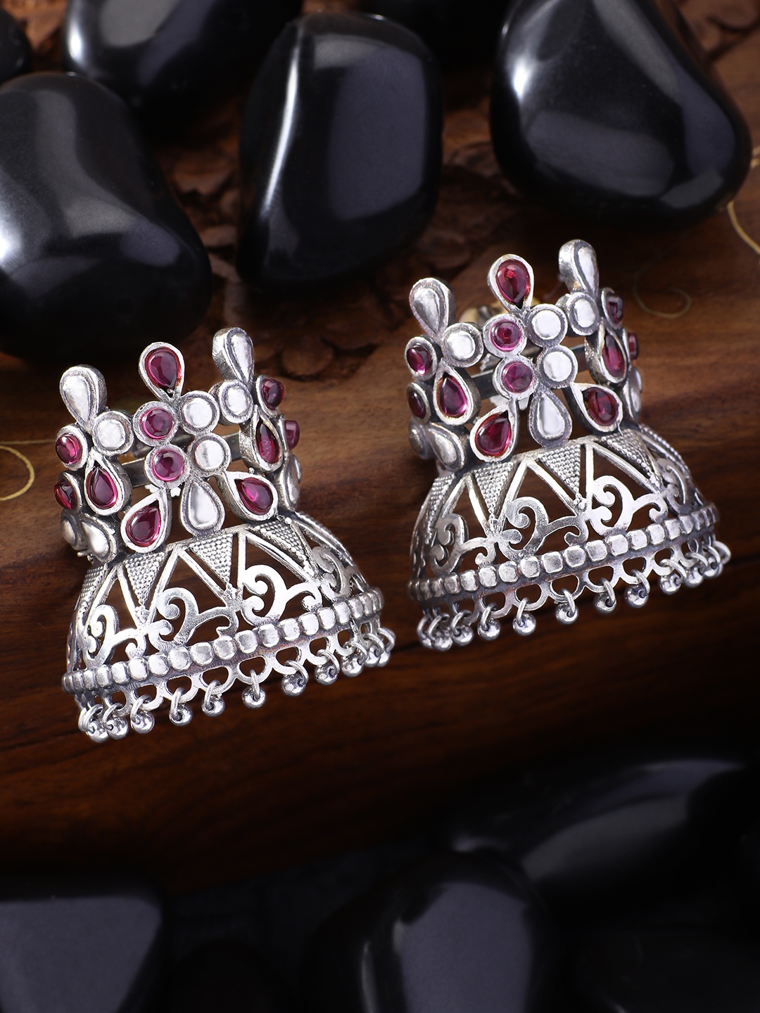 

Peora Women Oxidized Silver-Plated Pink Contemporary Jhumkas