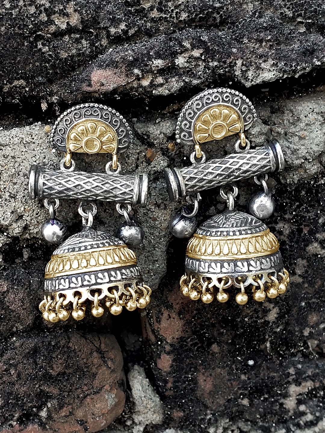 

Peora Silver-Plated & Gold-Toned Oxidised Jhumkas