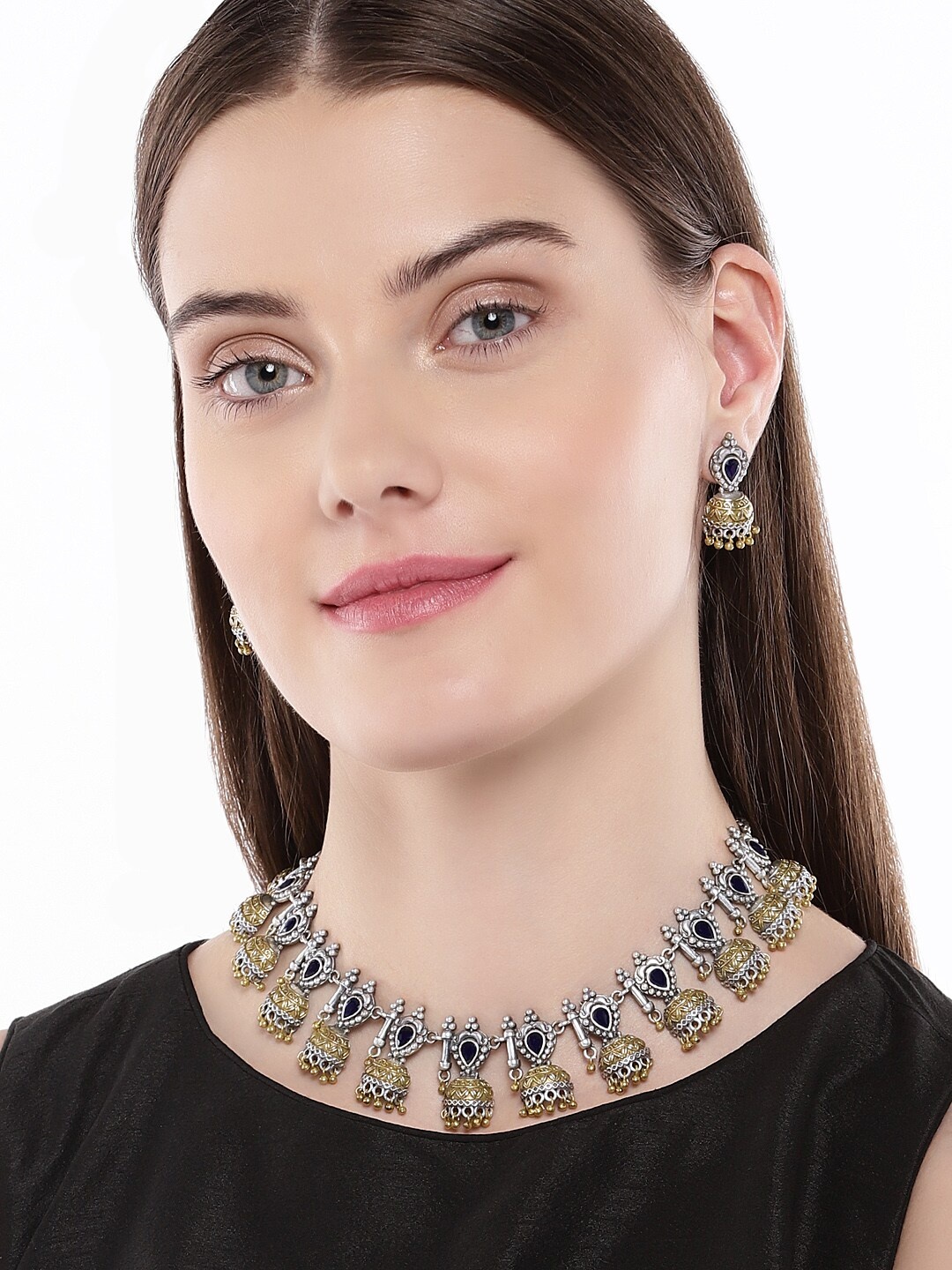 

Antique German Silver Plated Dual Tone Oxidised Choker Style Blue Kundan Stone Necklace Earring Set