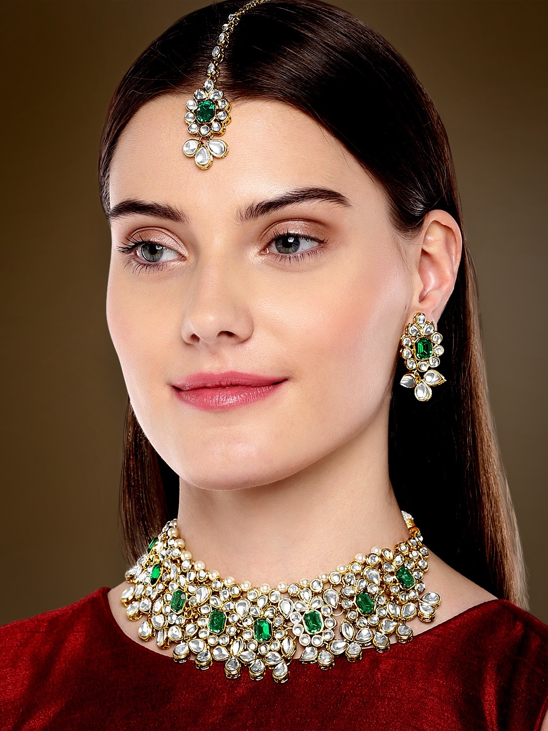 

Peora 18k Gold-Plated & Green Kundan and Pearl- Studded Jewellery Set