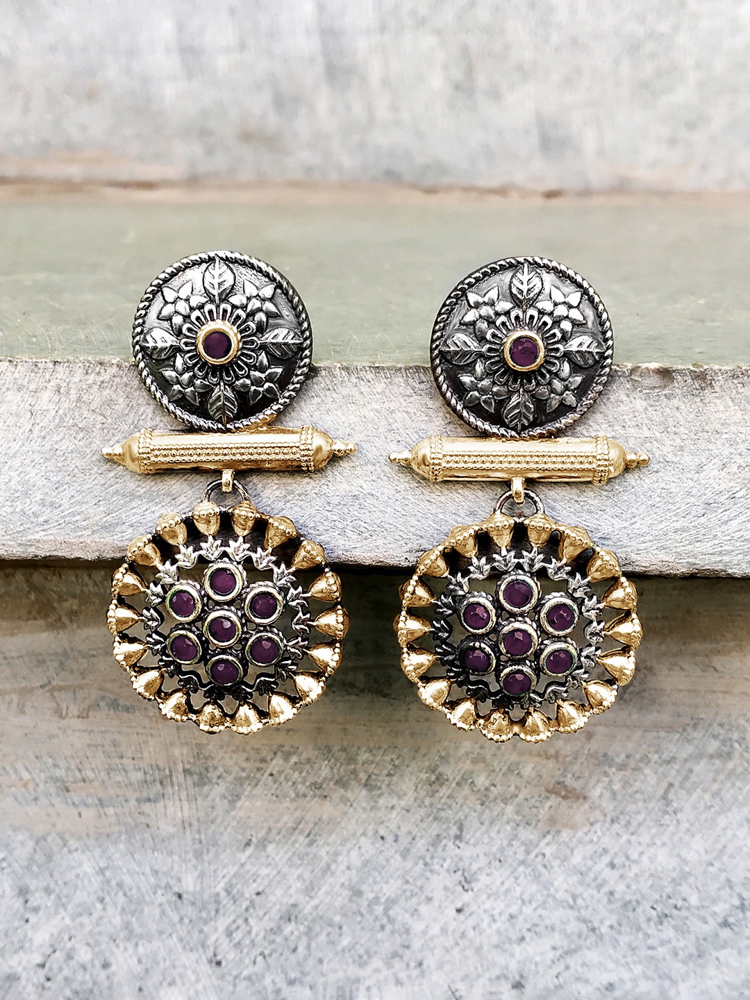 

Peora Silver-Plated & Gold-Toned Circular Oxidised Drop Earrings