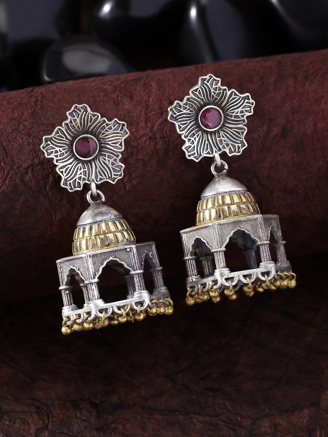 

Peora Silver-Plated & Pink Handcrafted Royal Palace Shaped Classic Drop Earrings