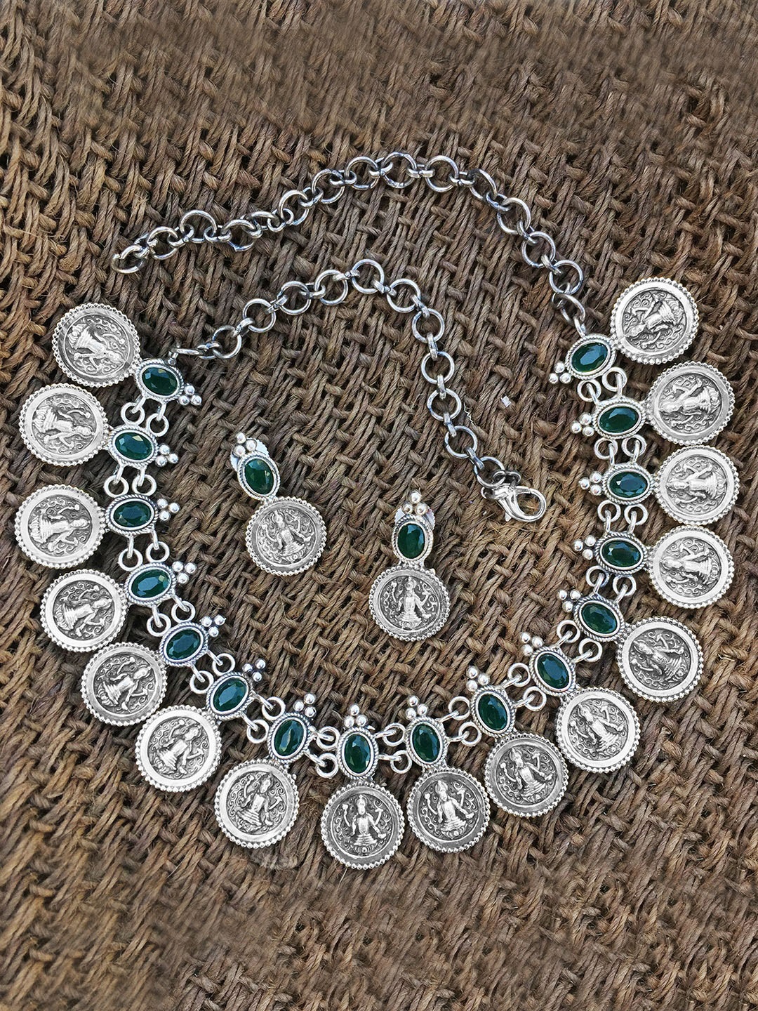 

Indian Traditional Jewellery Afgani Trible Silver Oxidized Necklace Earring Jewellery Set, Green