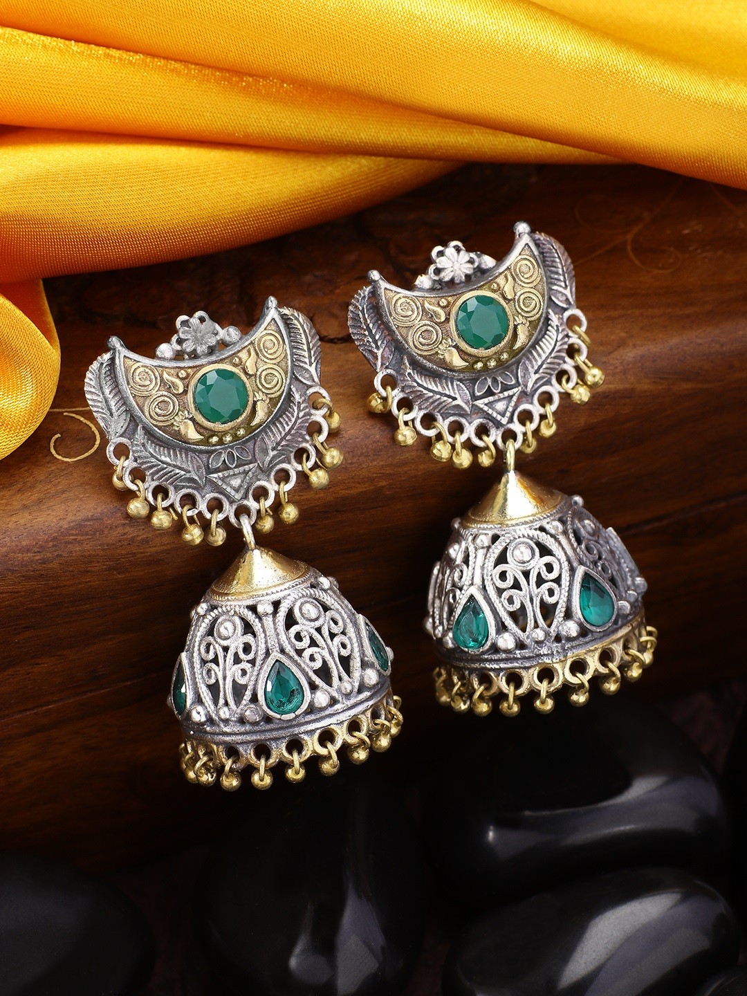 

Peora Green & Silver-Toned Contemporary Jhumkas