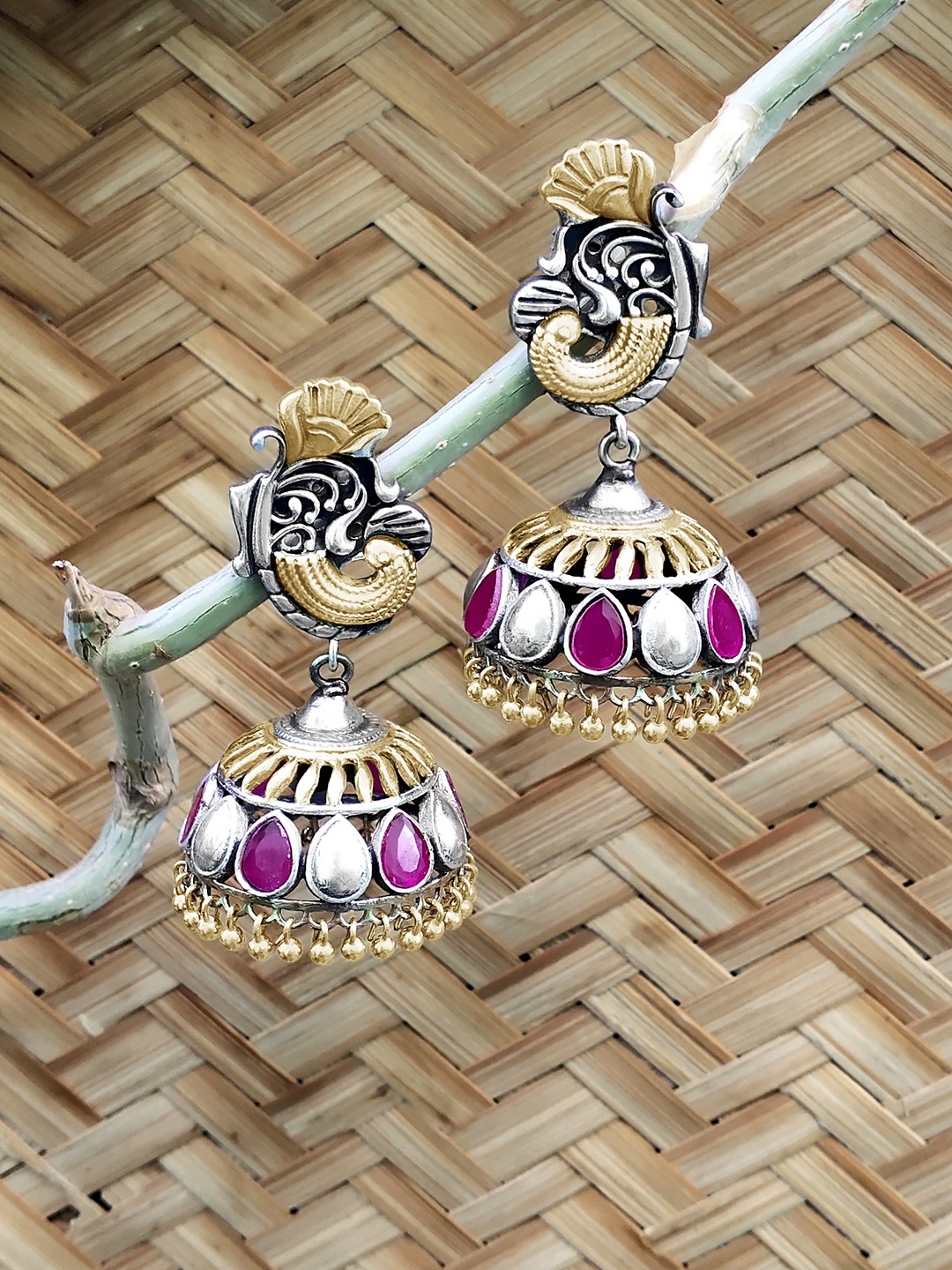 

Peora Silver-Plated & Pink Peacock Shaped Jhumkas
