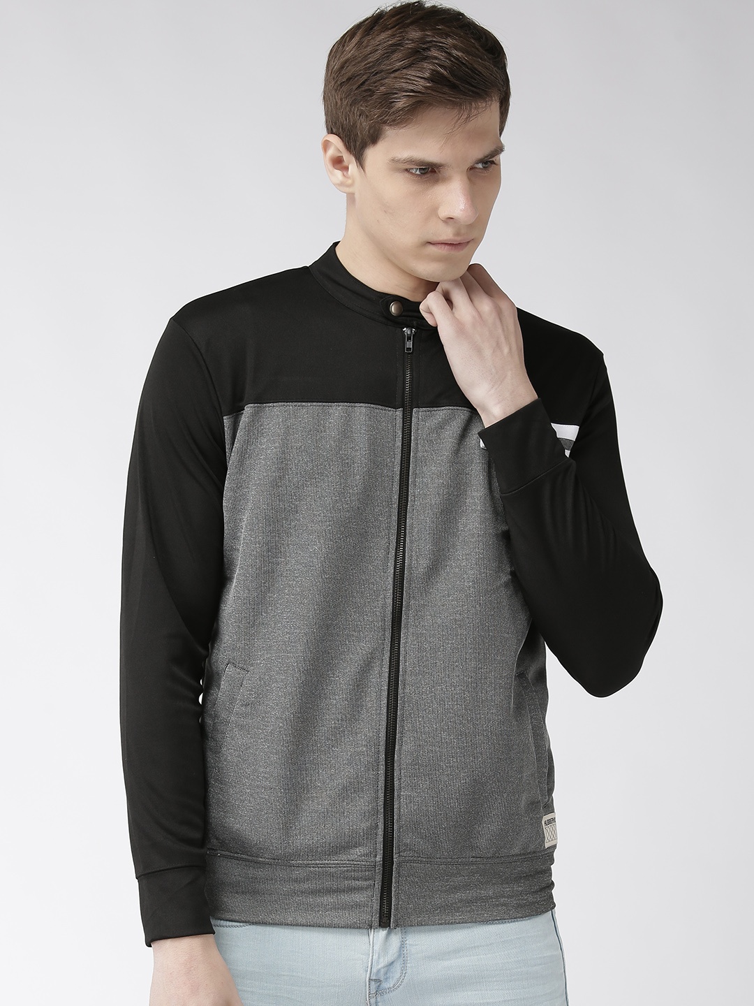 

Hubberholme Men Grey & Navy Blue Colourblocked Sweatshirt