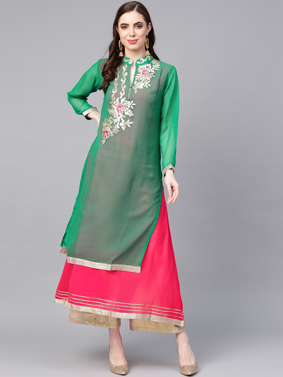 

ZOEYAMS Women Green & Magenta Embellished Layered A-Line Kurta