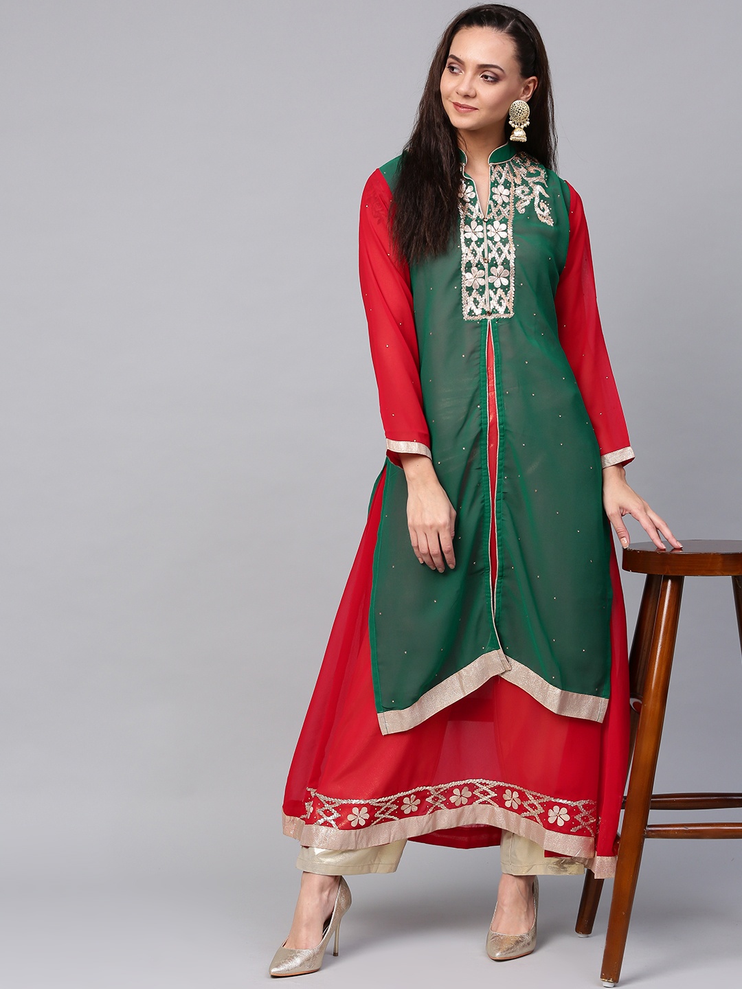 

ZOEYAMS Women Green & Red Embellished A-Line Kurta