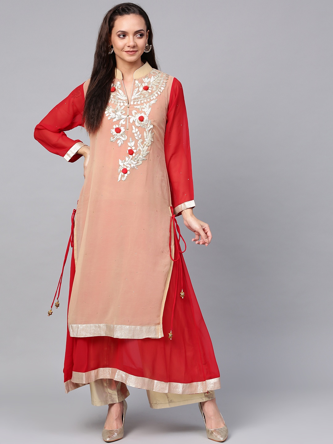 

ZOEYAMS Women Beige & Red Embellished Layered A-Line Kurta
