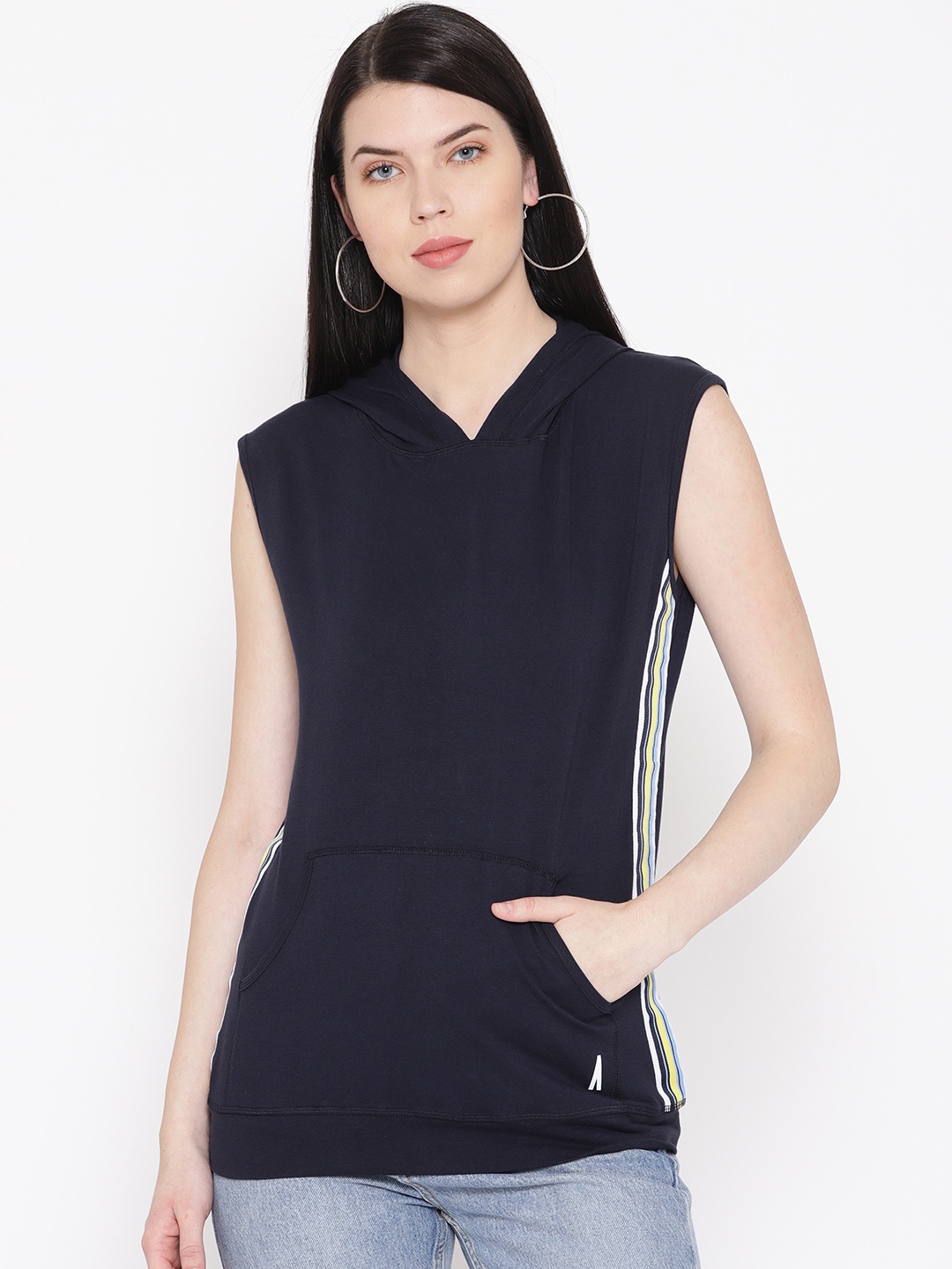 

AND Women Navy Blue Solid Hooded Activewear T-shirt