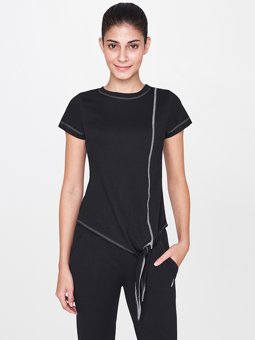 

AND Women Black Solid Regular Activewear Pure Cotton Top