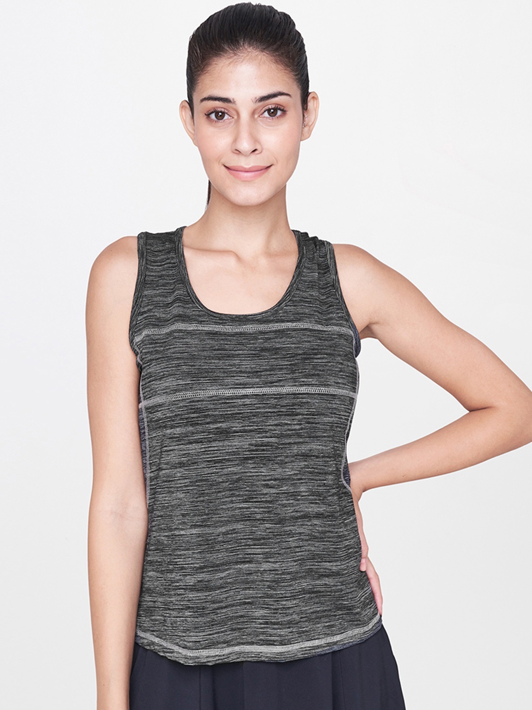

AND Women Charcoal Grey Self Design Knitted Semi Sheer Activewear Tank Top