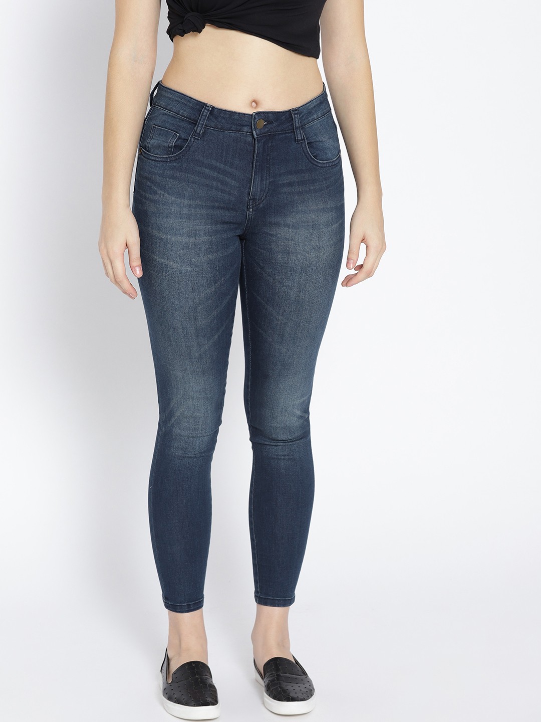

DressBerry Women Navy Blue Skinny Fit Mid-Rise Clean Look Stretchable Cropped Jeans