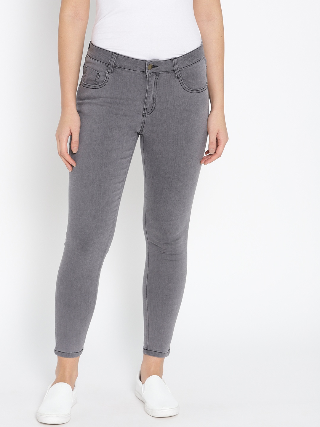 

DressBerry Women Charcoal Skinny Fit Mid-Rise Clean Look Stretchable Cropped Jeans