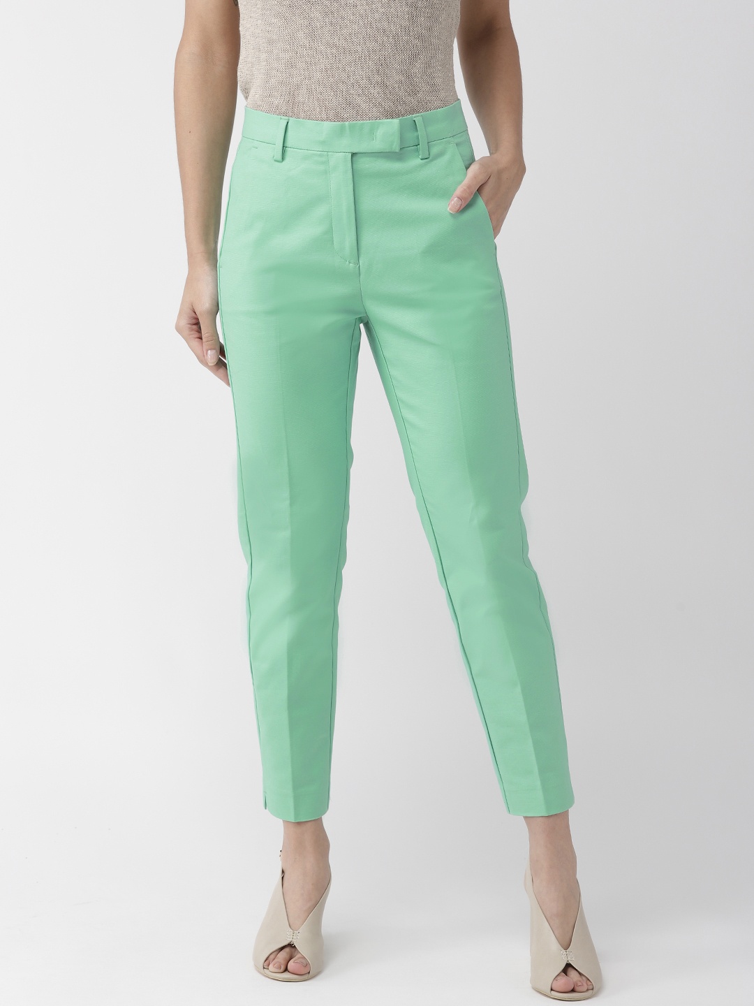 

Marks & Spencer Women Green Slim 7/8th Fit Mid-Rise Solid Regular Trousers