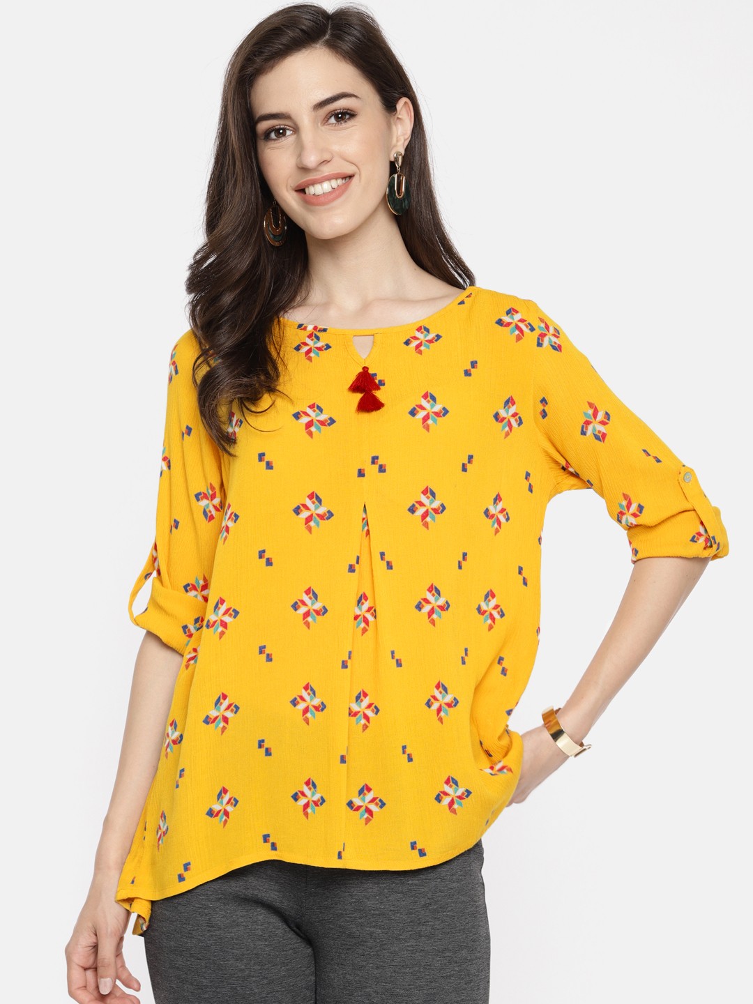 

Global Desi Women Mustard Yellow Printed High-Low Top