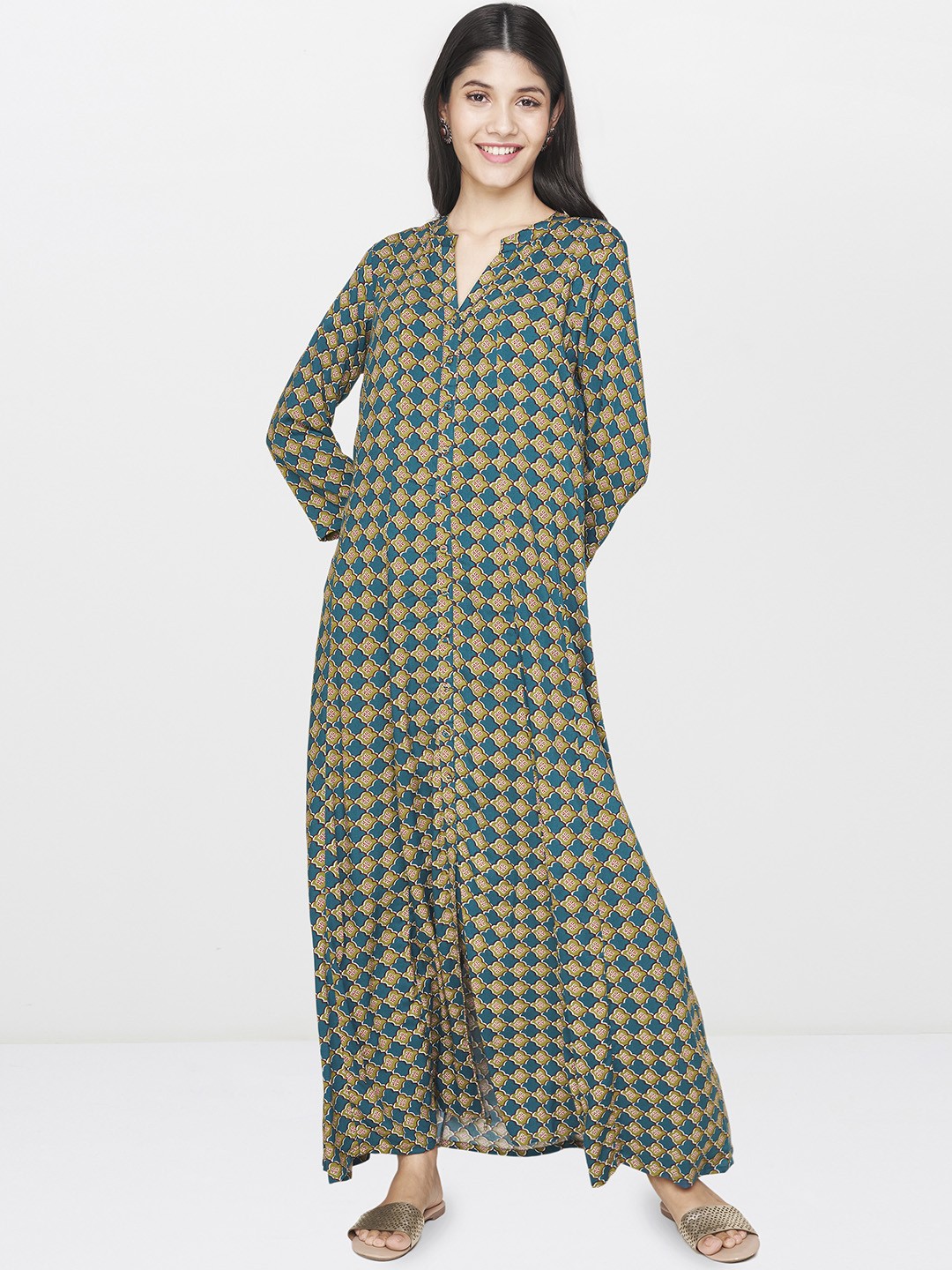 

Global Desi Women Teal Blue & Green Printed Maxi Dress