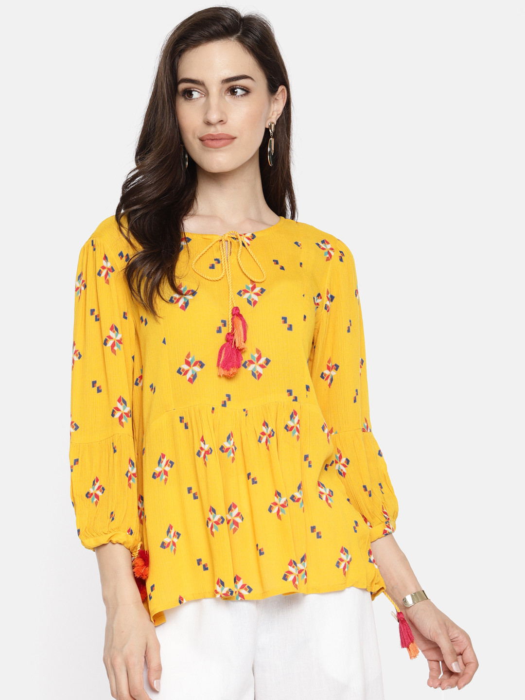 

Global Desi Women Mustard Yellow Printed Regular Top