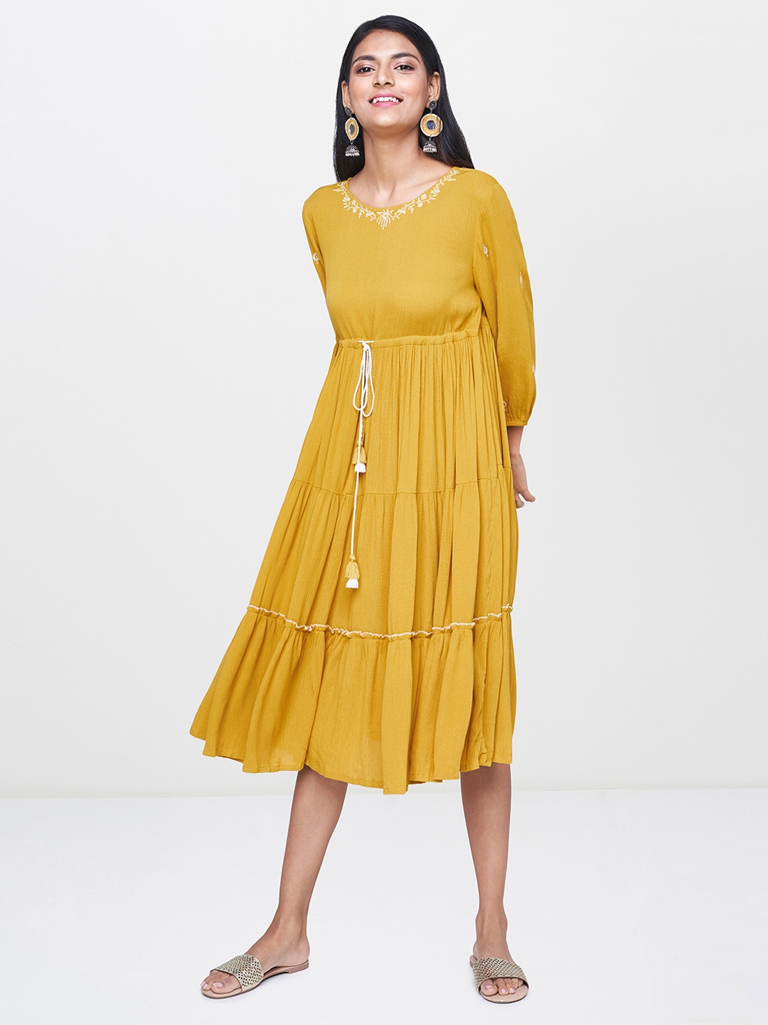 

Global Desi Women Mustard Yellow Embroidered Fit and Flare Dress