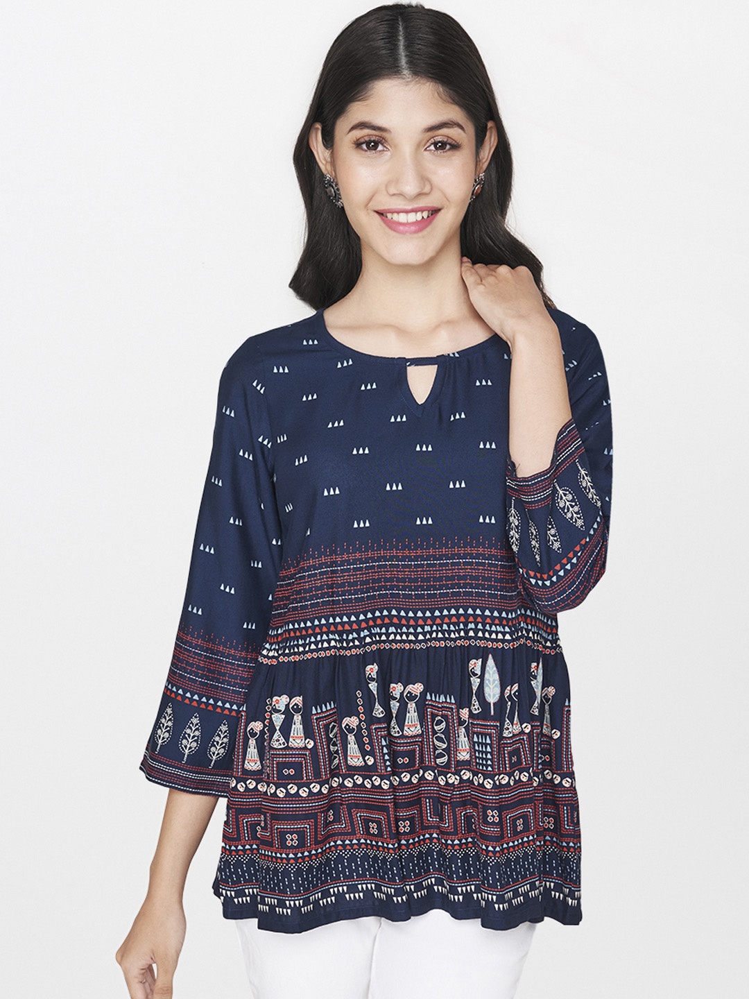 

Global Desi Women Navy Blue Printed Regular Top