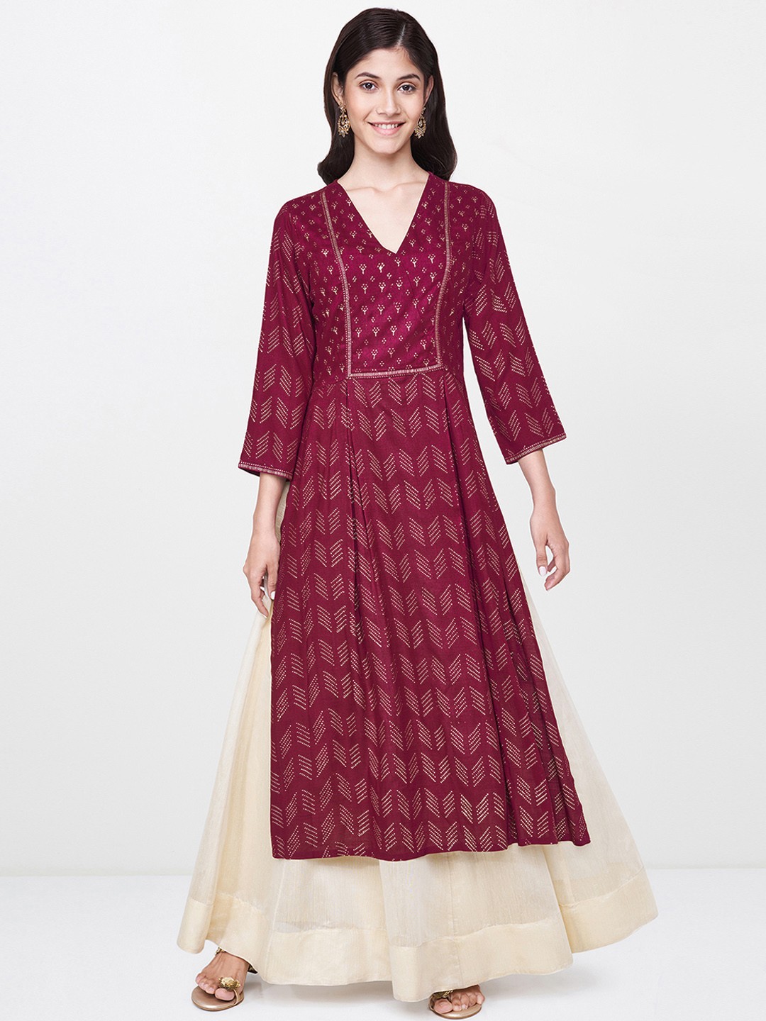 

Global Desi Women Maroon Printed A-Line Kurta