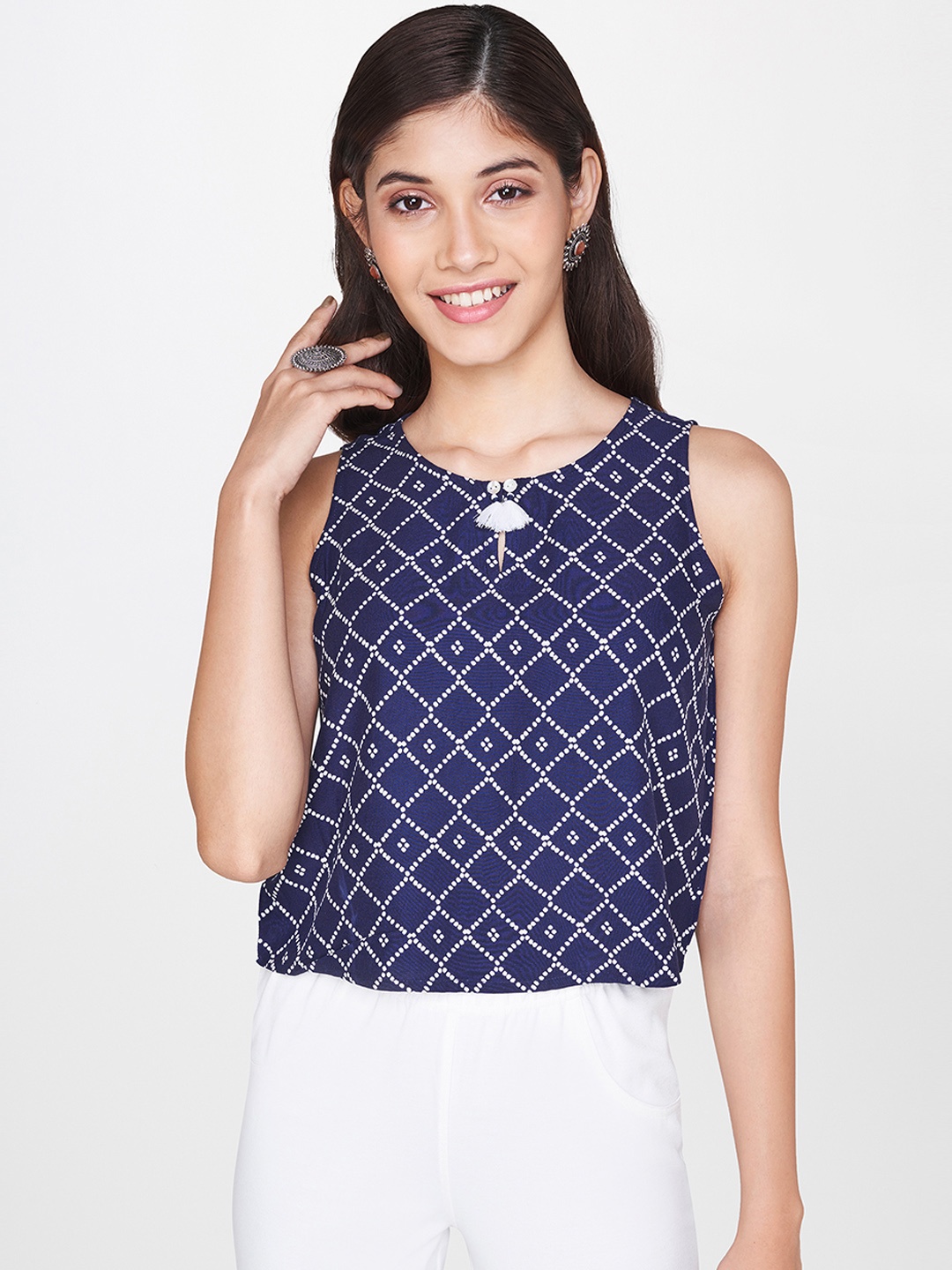 

Global Desi Women Navy Blue Printed Crop Top