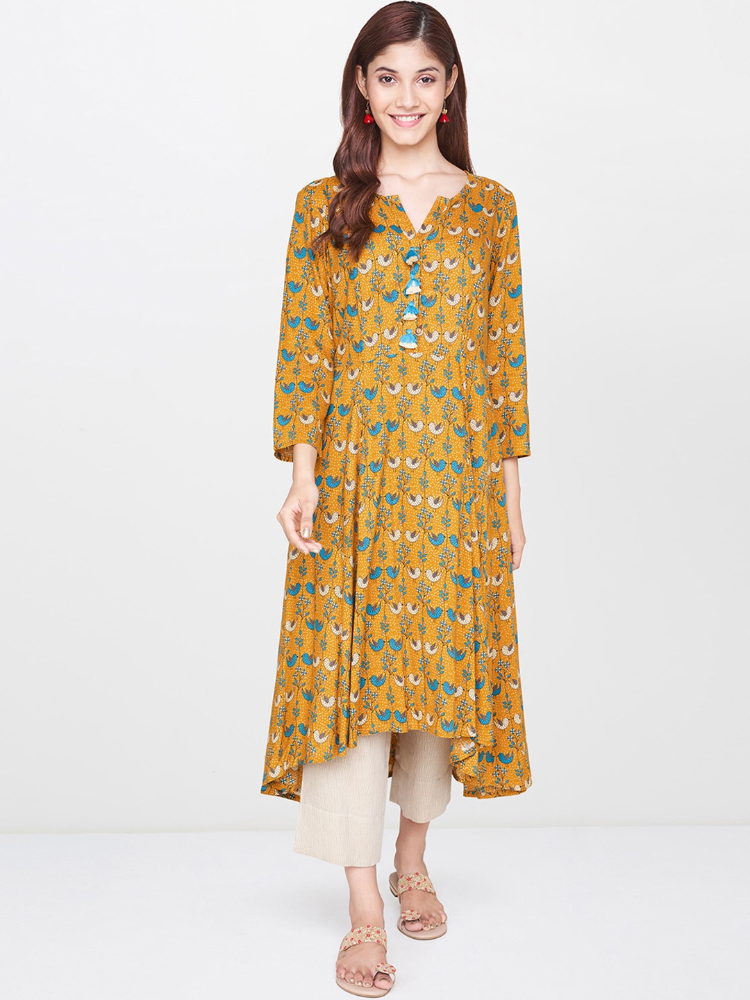 

Global Desi Women Mustard Yellow & Blue Printed A-Line Kurta