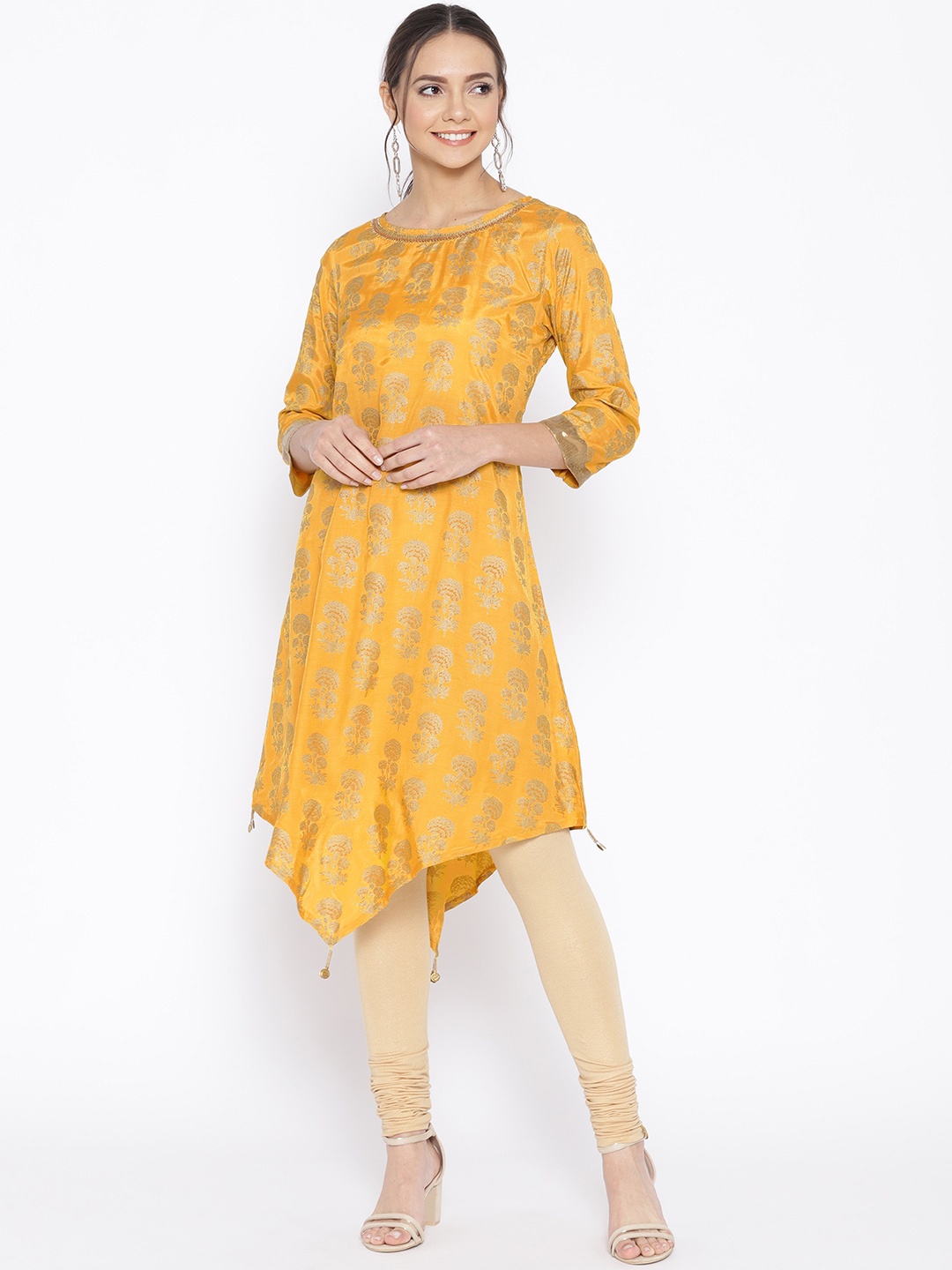 

Global Desi Women Mustard Yellow & Golden Printed A-Line Kurta
