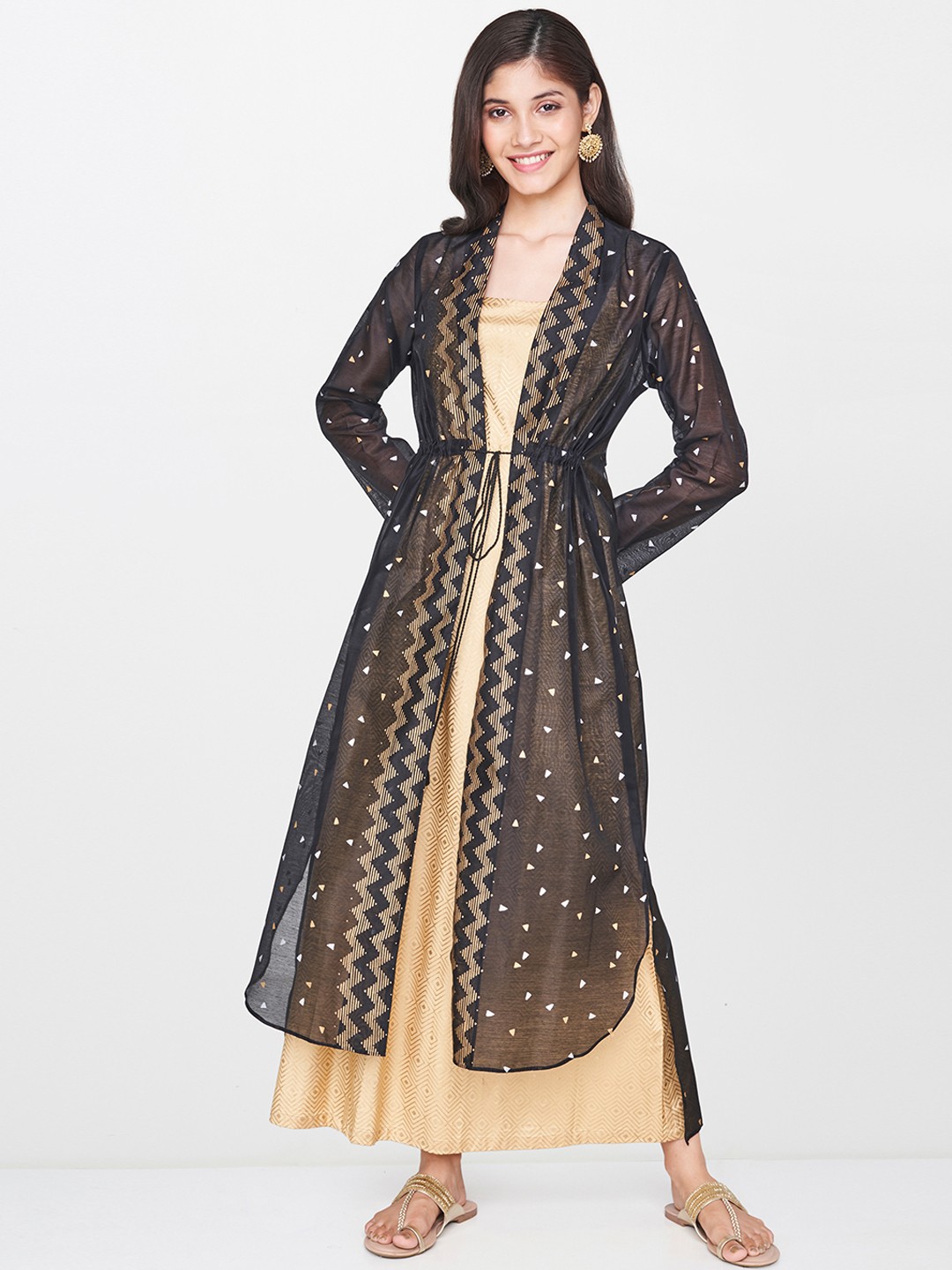 

Global Desi Women Black & Beige Printed Layered Maxi Dress