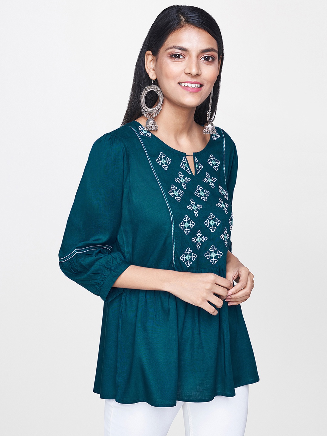 

Global Desi Women Teal Green Self Design A-Line Top