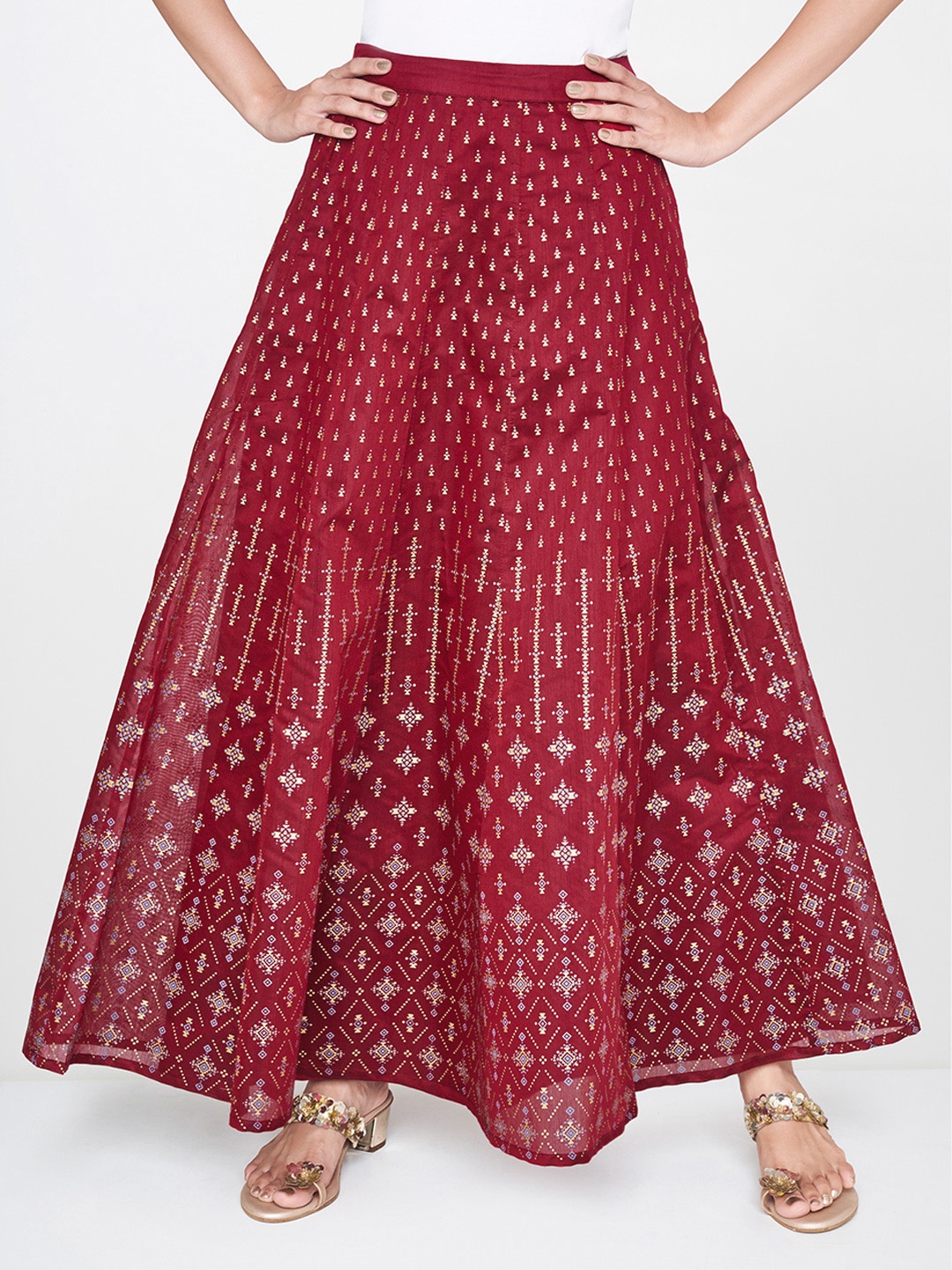 

Global Desi Women Maroon & Gold-Coloured Printed Flared Skirt