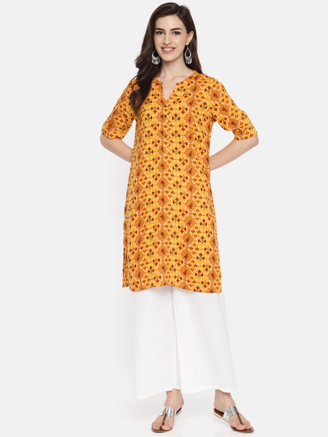 

Global Desi Women Mustard Yellow Floral Print Straight Kurta