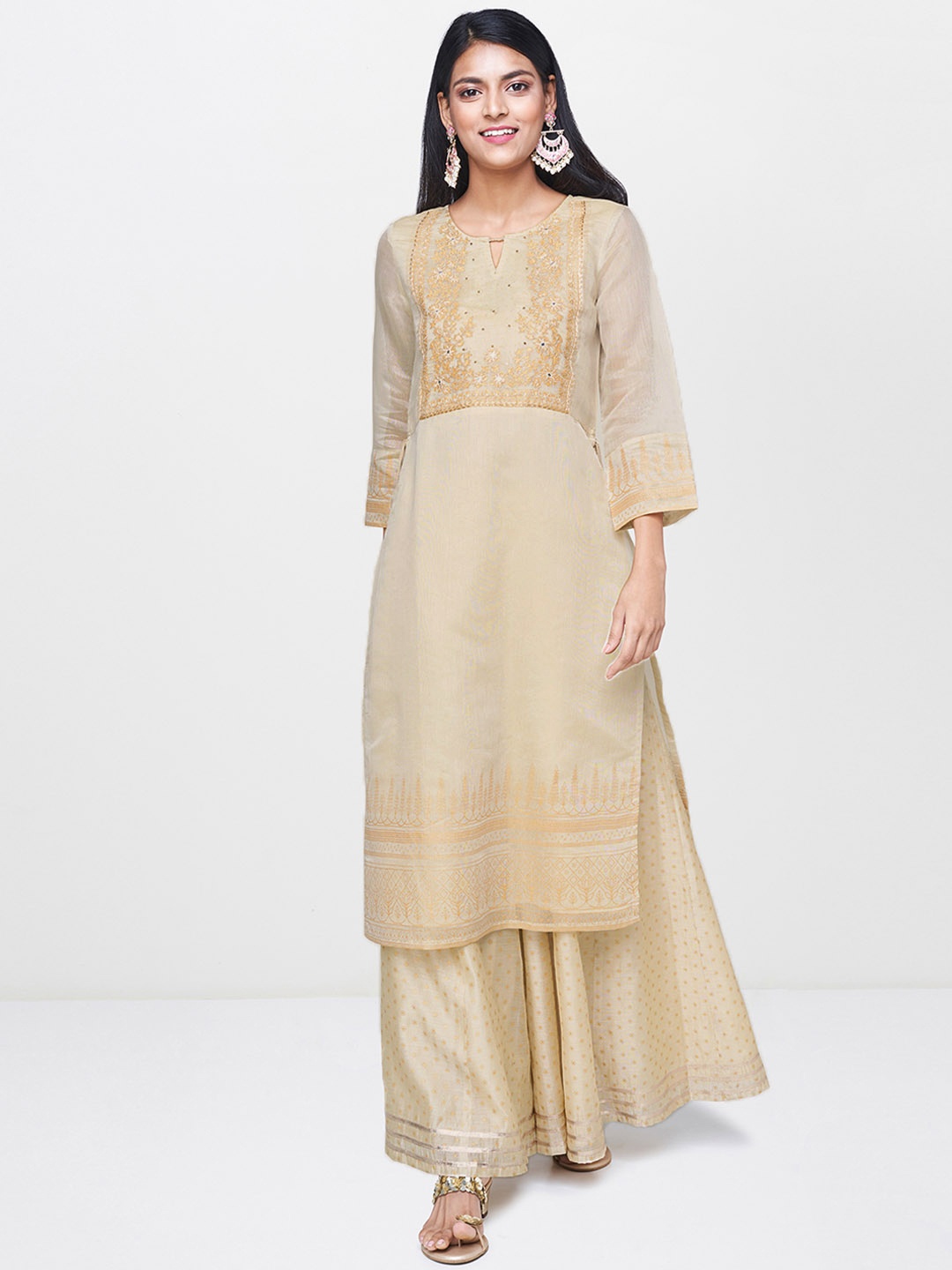 

Global Desi Women Beige Self Design Kurta with Palazzos