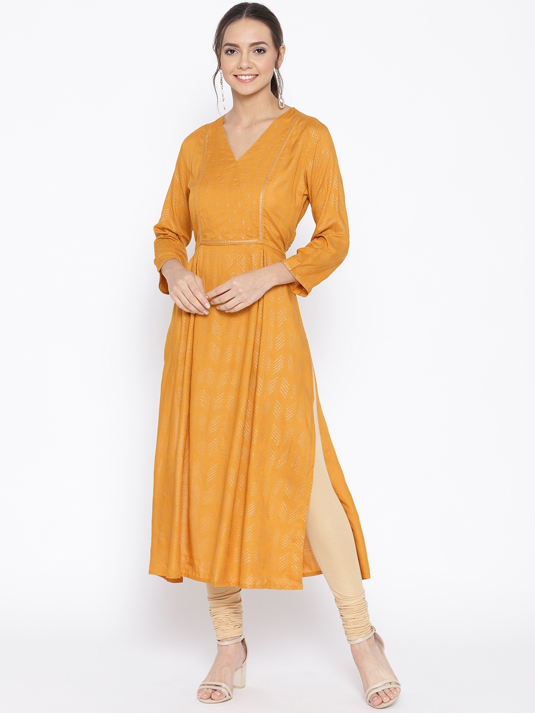 

Global Desi Women Mustard Yellow & Golden Printed Straight Kurta