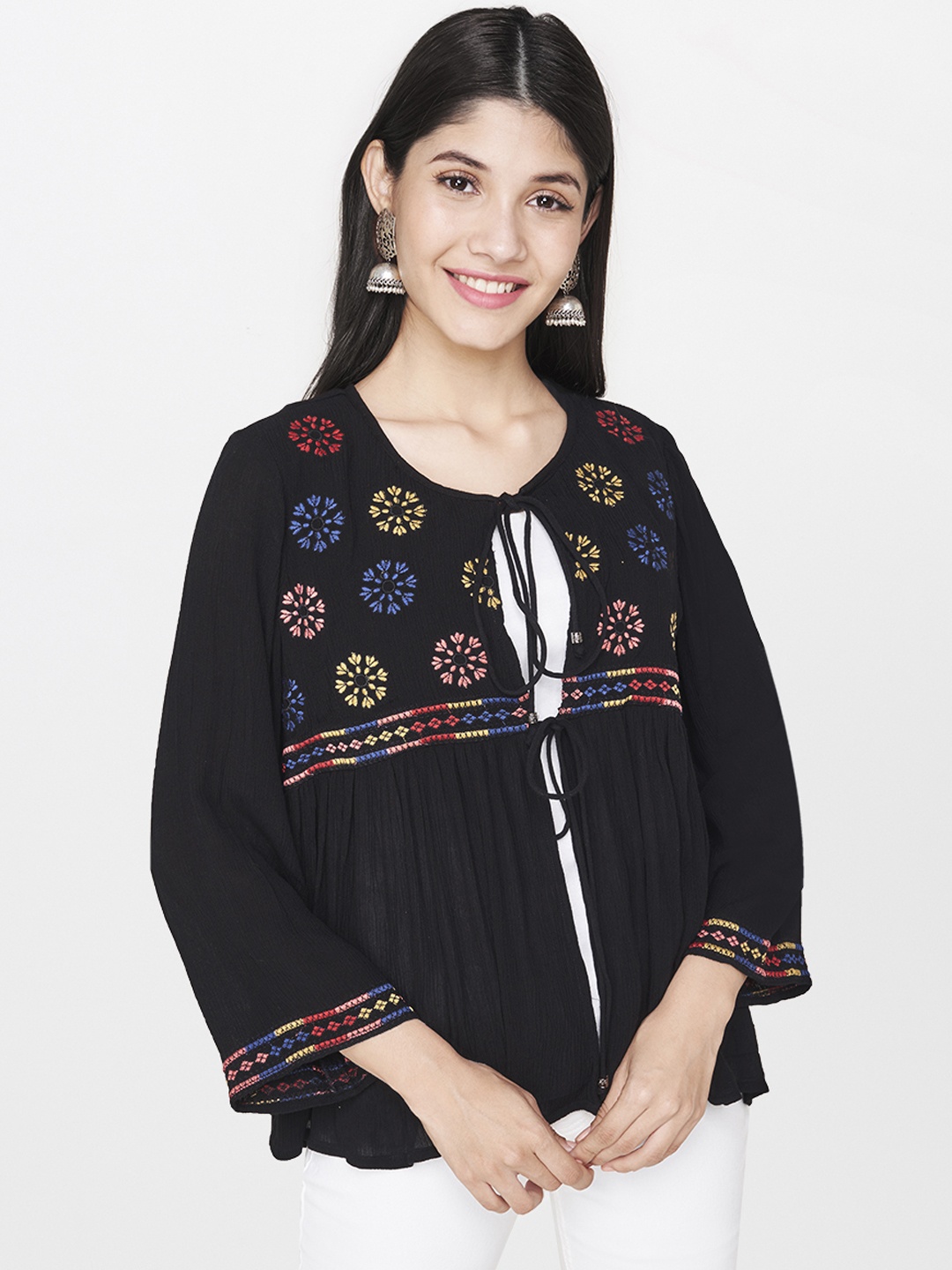 

Global Desi Women Black Embroidered Tie-Up Shrug