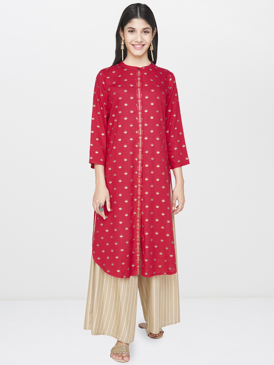 

Global Desi Women Pink Foil Print Straight Kurta