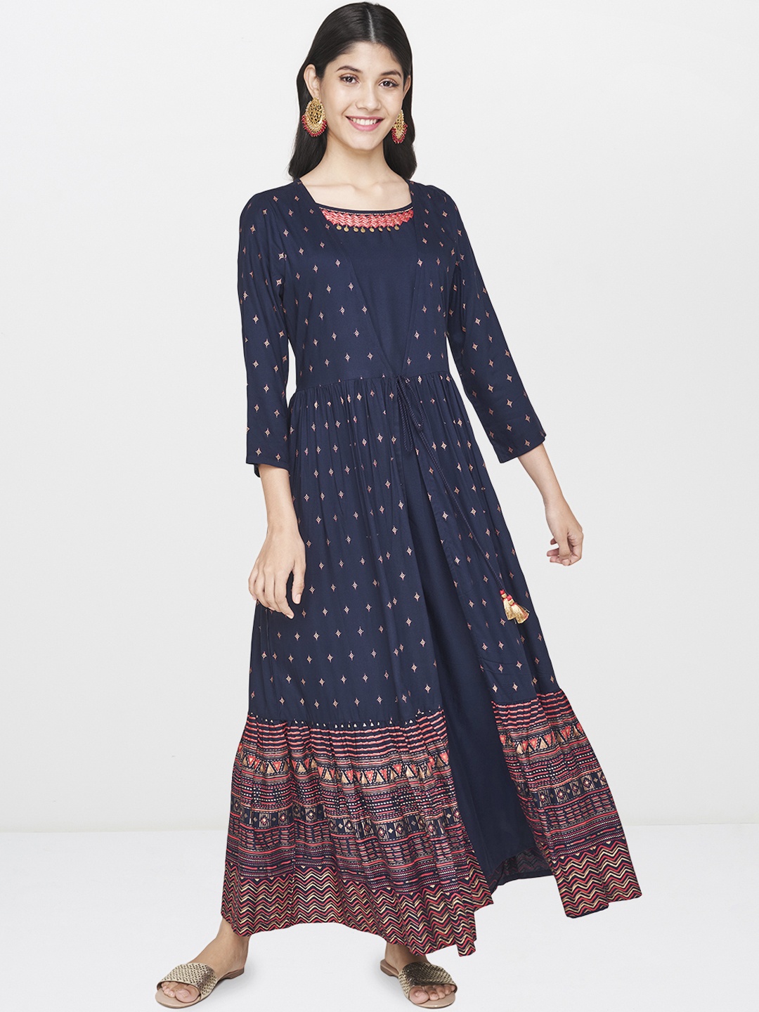 

Global Desi Women Navy Blue & Beige Printed Maxi Dress