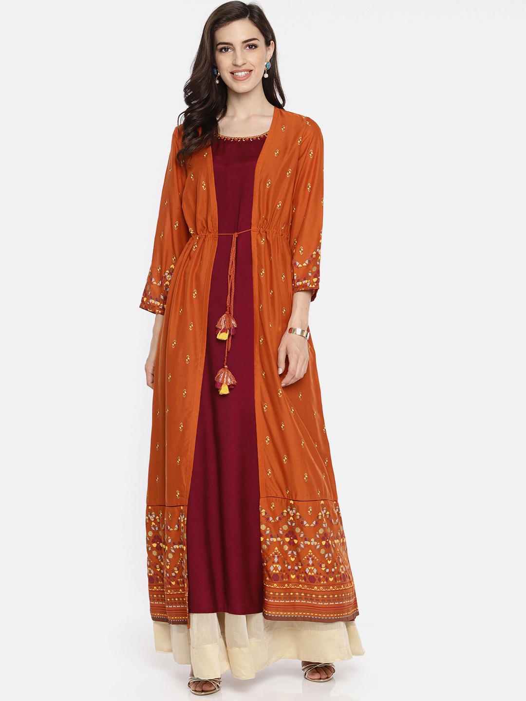 

Global Desi Women Rust Orange & Maroon Printed A-Line Kurta