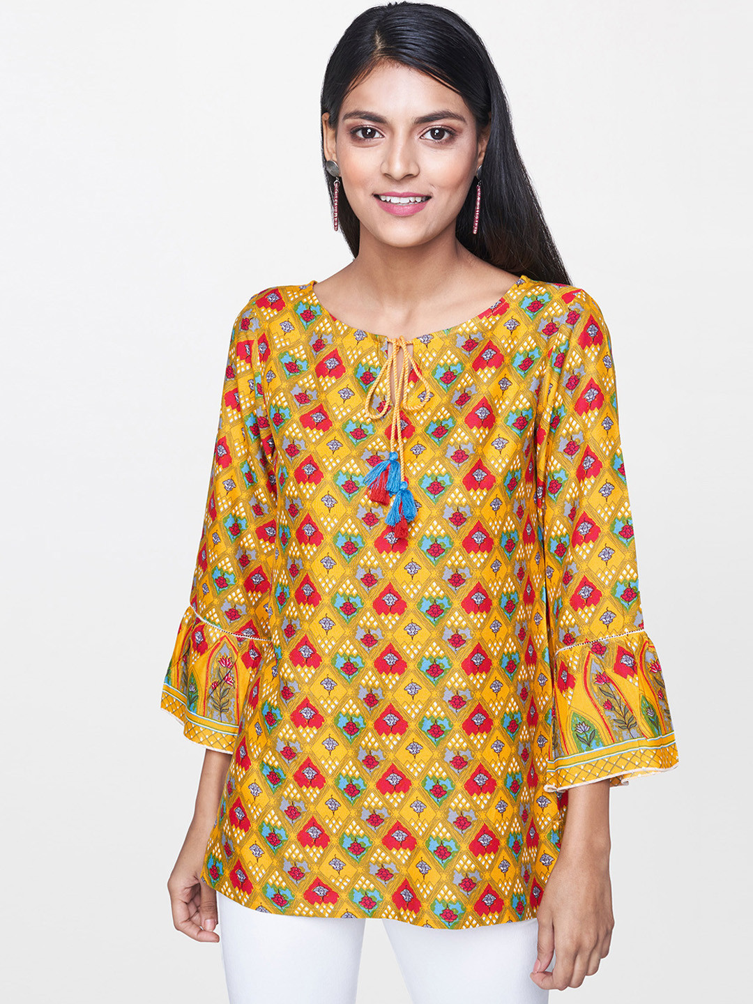 

Global Desi Women Mustard Yellow & Red Printed Top