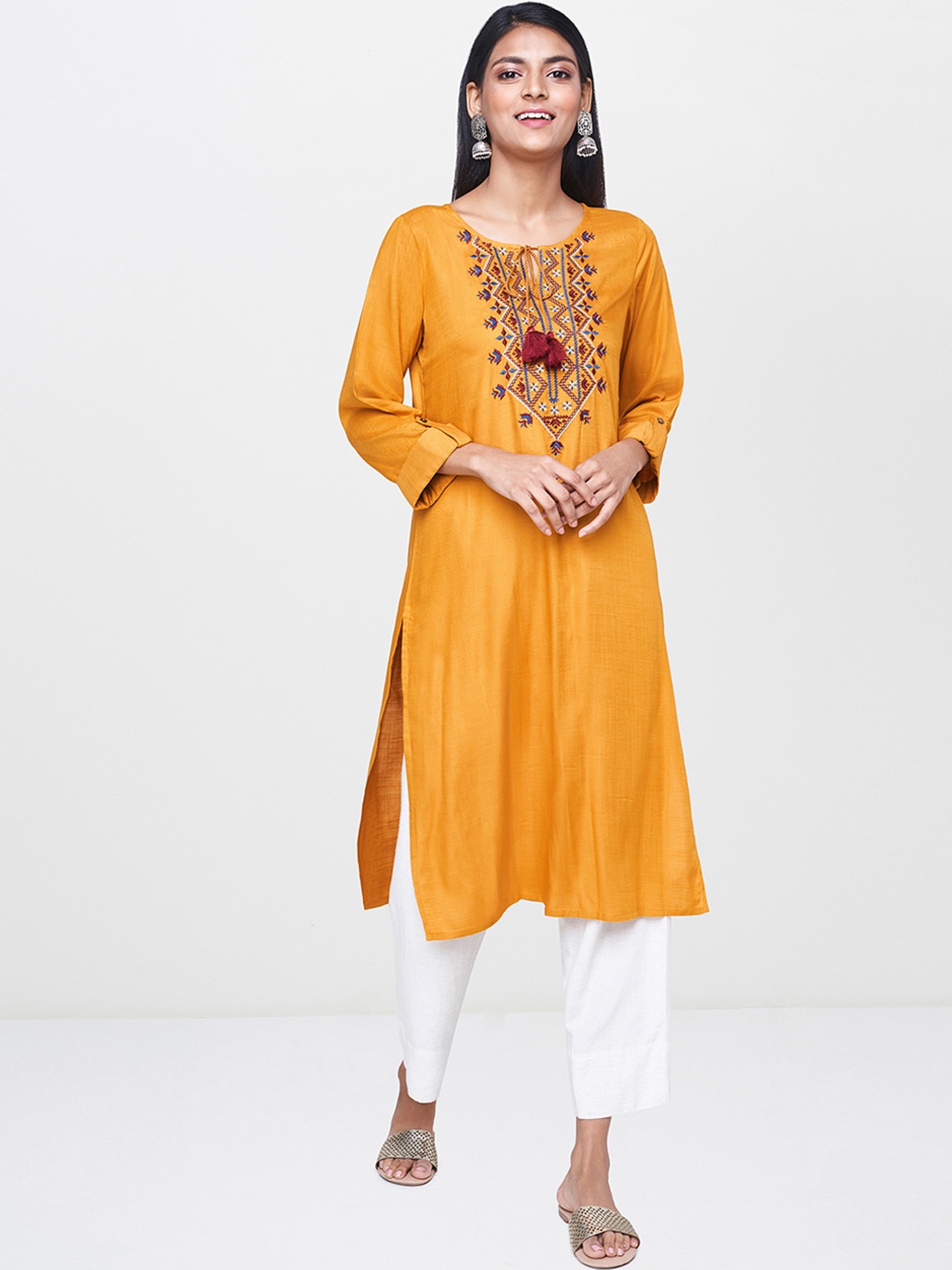 

Global Desi Women Mustard Yellow Yoke Design Straight Kurta