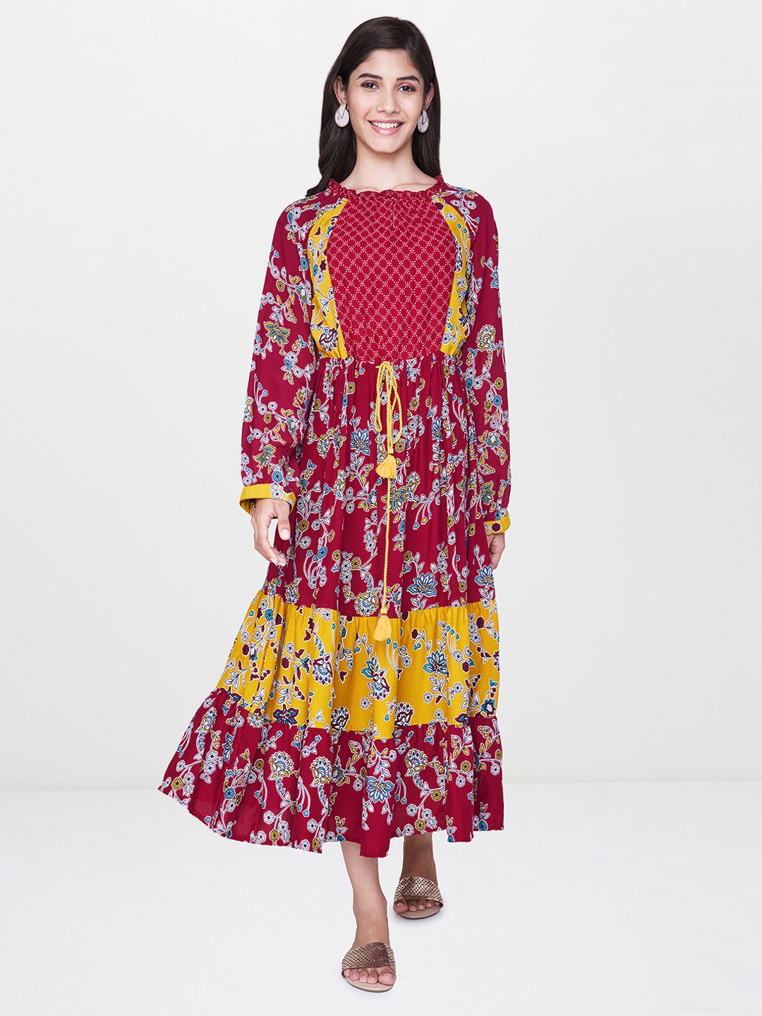 

Global Desi Women Pink & Mustard Yellow Tiered Fit and Flare Dress