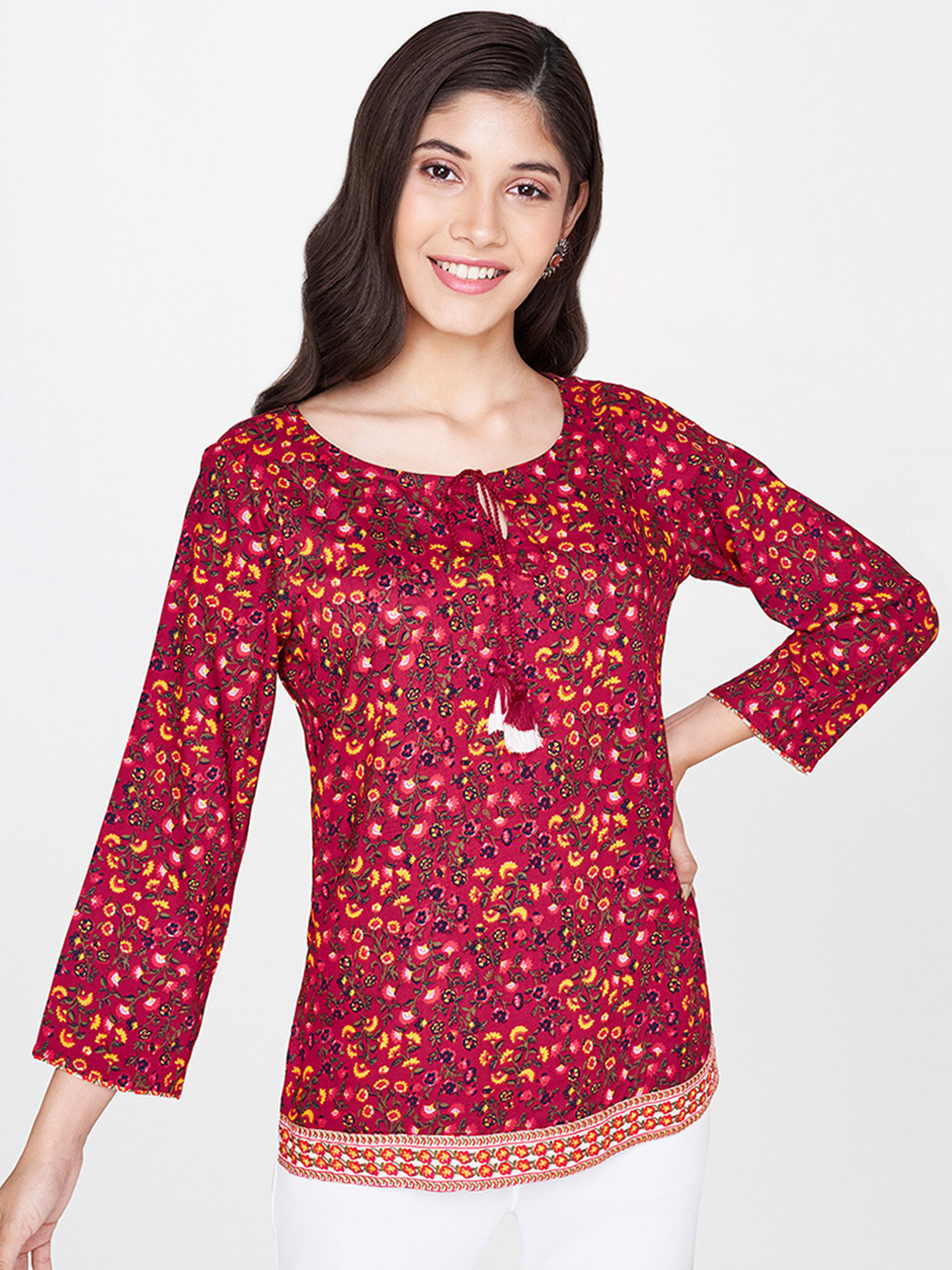 

Global Desi Women Maroon Ditsy Floral Print Regular Top
