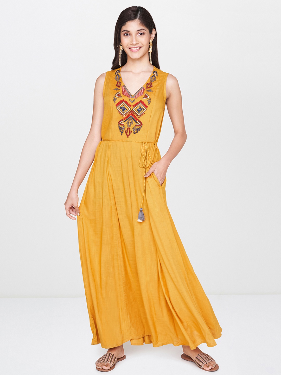 

Global Desi Women Mustard Yellow Embroidered Maxi Dress
