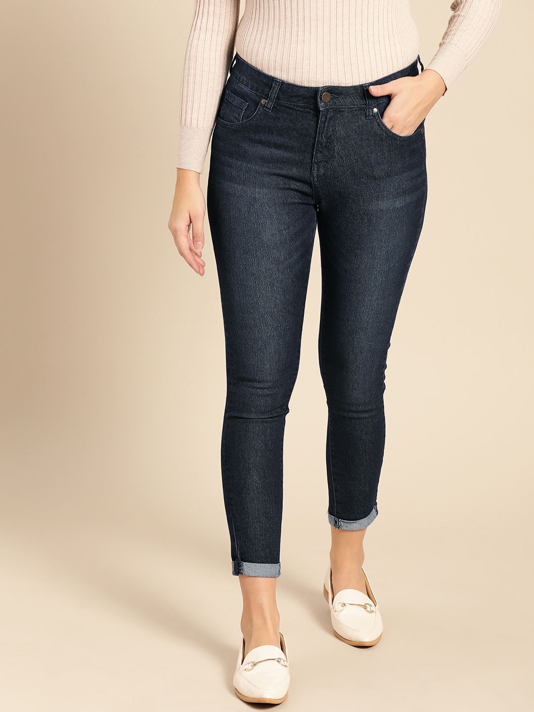 

DressBerry Women Navy Blue Skinny Fit Mid-Rise Clean Look Stretchable Ankle Length Jeans
