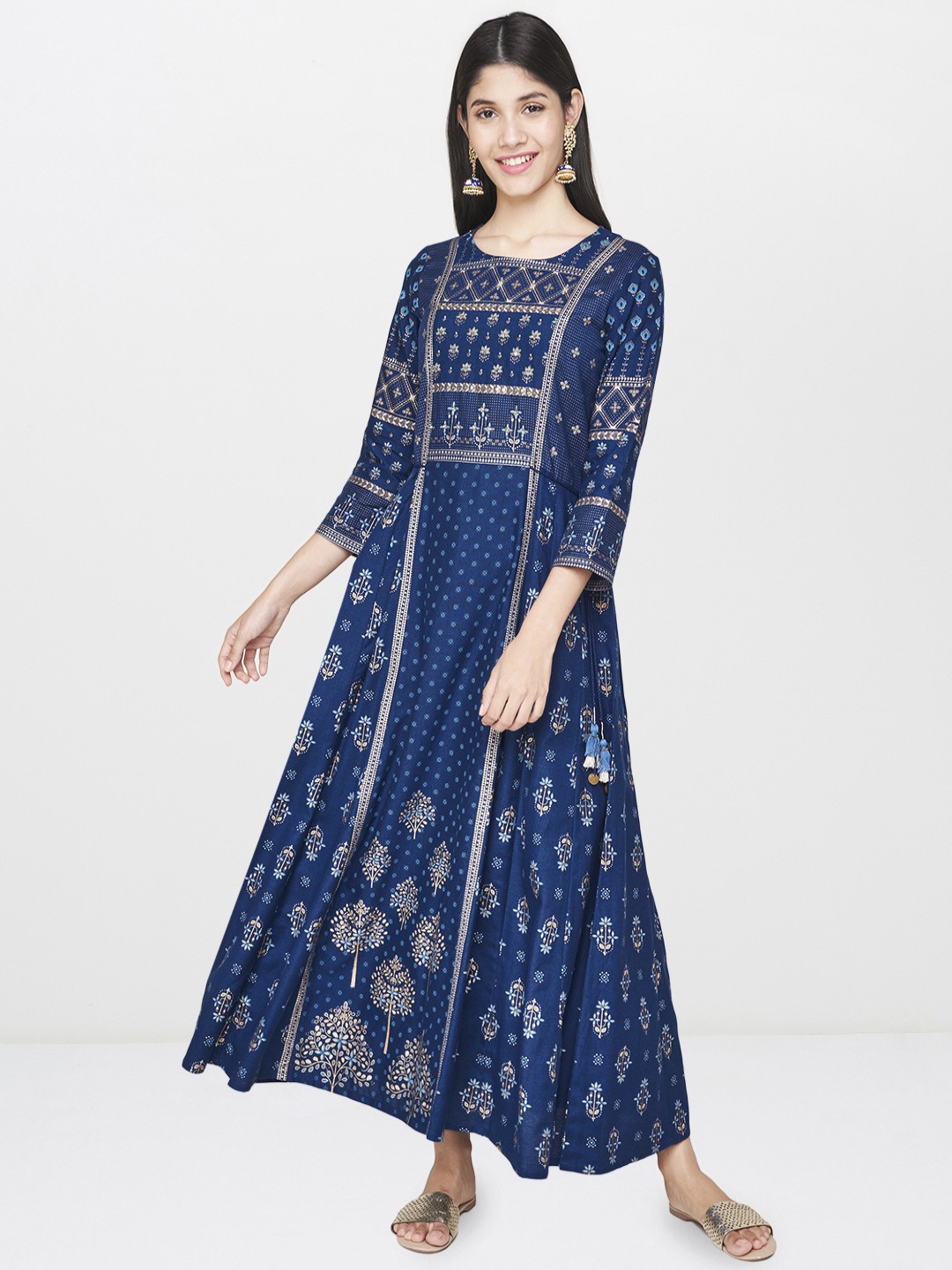 

Global Desi Women Blue & Gold-Coloured Printed A-Line Kurta