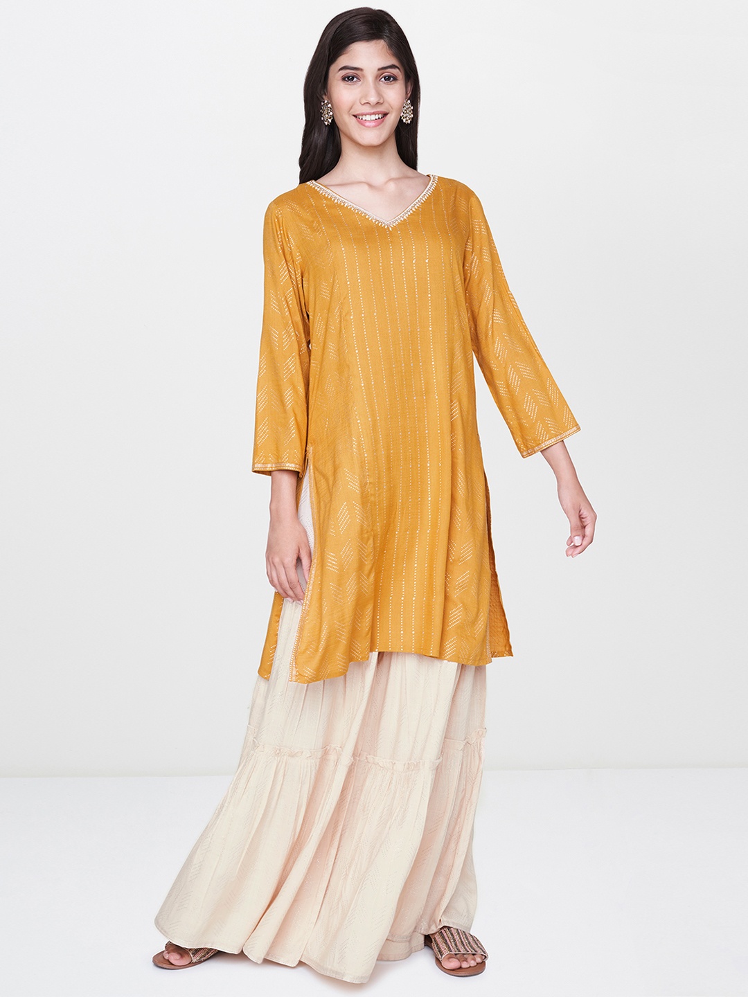 

Global Desi Women Mustard Yellow & Beige Striped Kurta with Sharara