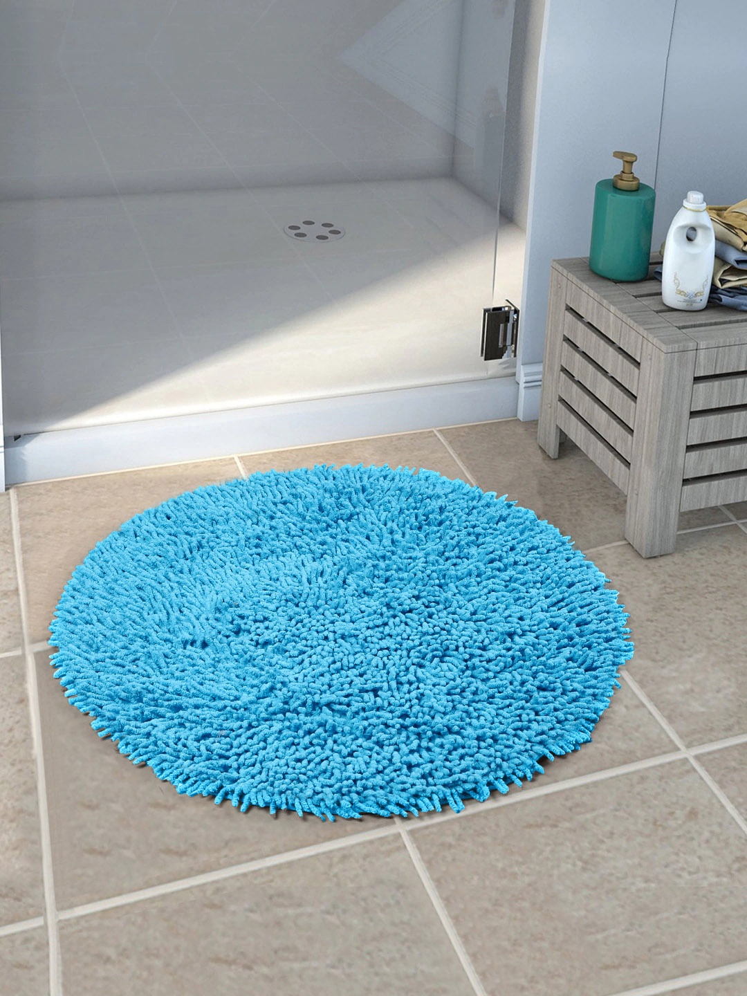 Saral Home Turquoise Blue Solid Cotton Anti-Skid Shaggy Round Bath Mat